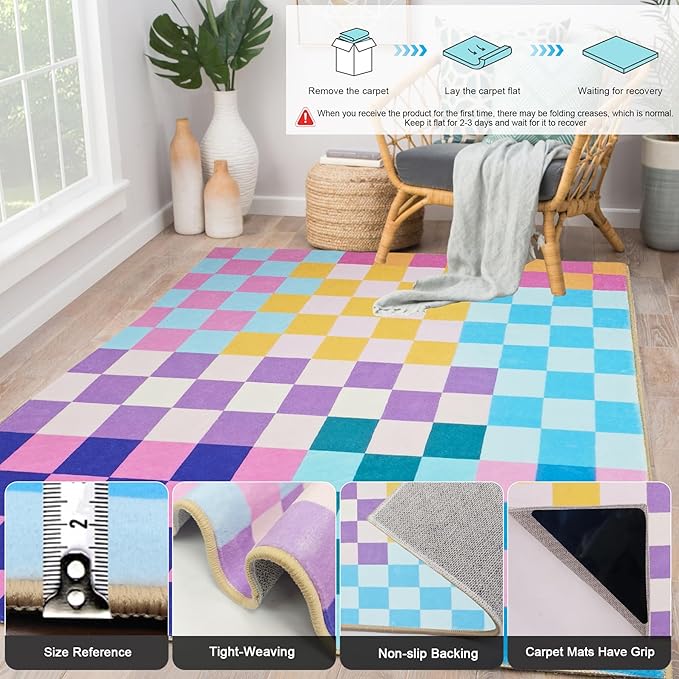 Multicolored Checkered Rug 4x6 Modern Bedroom Funky Area Rug Checkered Washable Colorful Area Rug Soft Non-Slip Low-Pile Carpet for Nursery Dorm Kitchen Living Room Deco