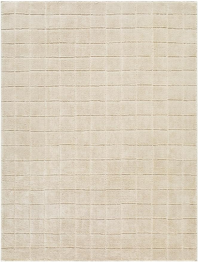 Livabliss x Our PNW Home Cascade Minimalist Grid Area Rug, 5'3" x 7', Light Beige