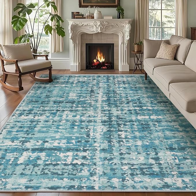 8x10 Abstract Area Rugs for Living Room, Modern Teal Blue Washable Indoor Rug for Bedroom, Thin Soft Large Non-Slip Carpet for Dining Room Home Office Farmhouse Decor