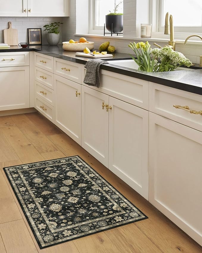 2x3 Washable Entry Rug - Small Entryway Area Rug Non-Slip Door Mat Indoor Entrance Charcoal Black Vintage Floral Kitchen Rug Low Pile Boho Throw Rugs for Entryway Bedroom Bathroom