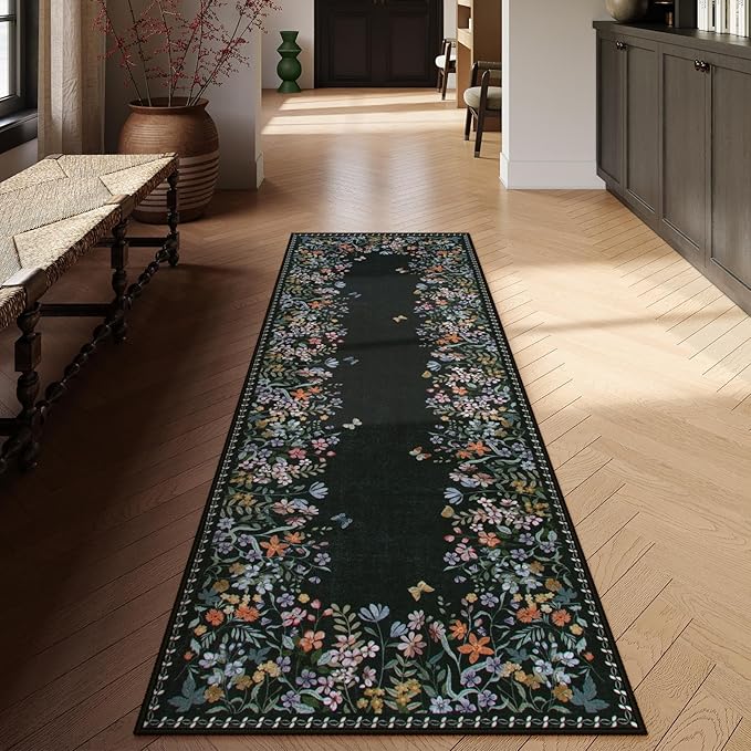 Lahome Boho Floral 2'6"x8 Black Washable Hallway Kitchen Runner Rug, Non Skid Bathroom Carpet Runner, Soft Non-Slip Rug Runners for Entryway Laundry Bedroom(2'6"x8ft,Black)