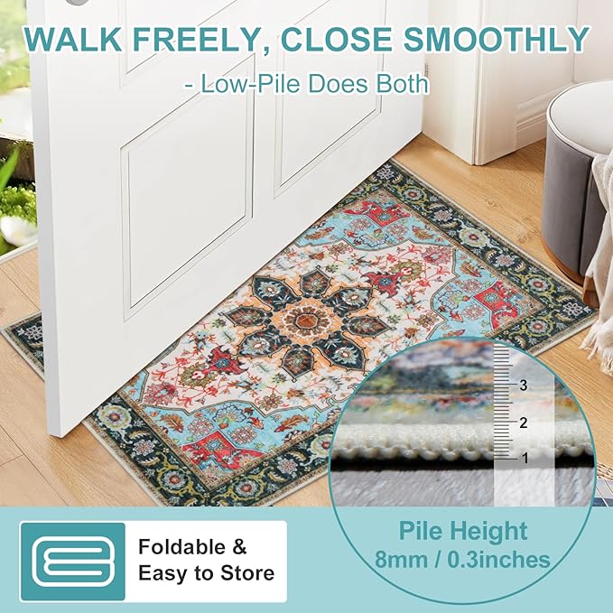 WILLSUN Washable Area Rugs, 3x5 Non-Slip Boho Large Area Rugs for Living Room, Bedroom, Machine Washable Vintage Rug, Indoor Floral Print Carpet for Home Decor, Kid & Pet Friendly Mat
