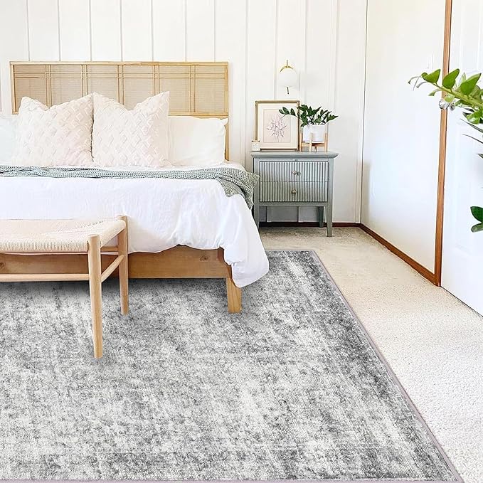 Area Rug 9x12 Washable Gray Vintage Traditional Mat Distressed Indoor Foldable Thin Retro Accent Floral Non Slip Carpet for Living Room Dining Room Office