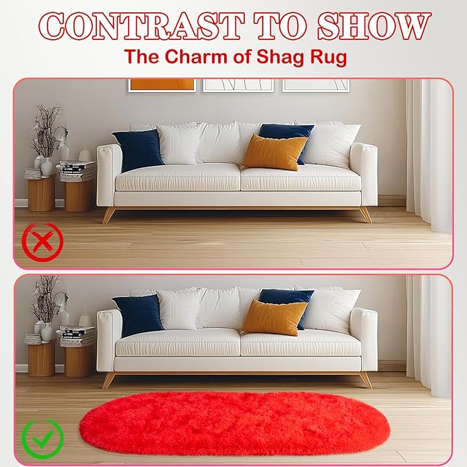 Soft Fluffy Area Rug for Bedroom, Red Fuzzy Shaggy Oval Throw Rugs for Bedside, Non-Slip Cozy Plush Shag Carpet for Kids Room Dorm Nursery Living Room, 2.6 x 5.3 Feet