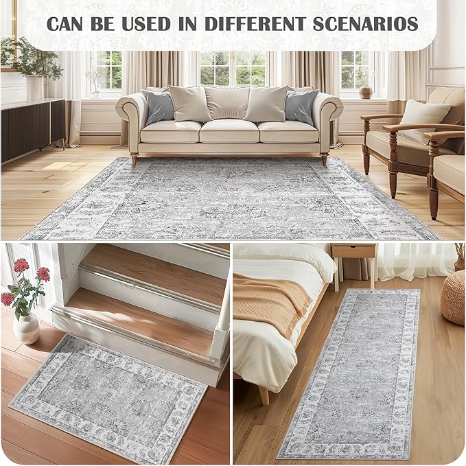 jinchan Fiora 4x6 Area Rugs for Bedroom - Machine Washable Distressed Vintage Floral Design Stain Resistant Boho Carpet Ultra-Thin Low Pile Non-Slip Rug for Living Room Dining Room (4'x6', Grey)