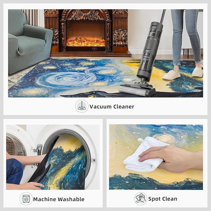 Black Cat Rugs for Bedroom - 4x5 Area Rug - Starry Sky Countryside Rugs for Living Room, Vintage Oil Painting Art Rug, Washable Home Decor Carpet