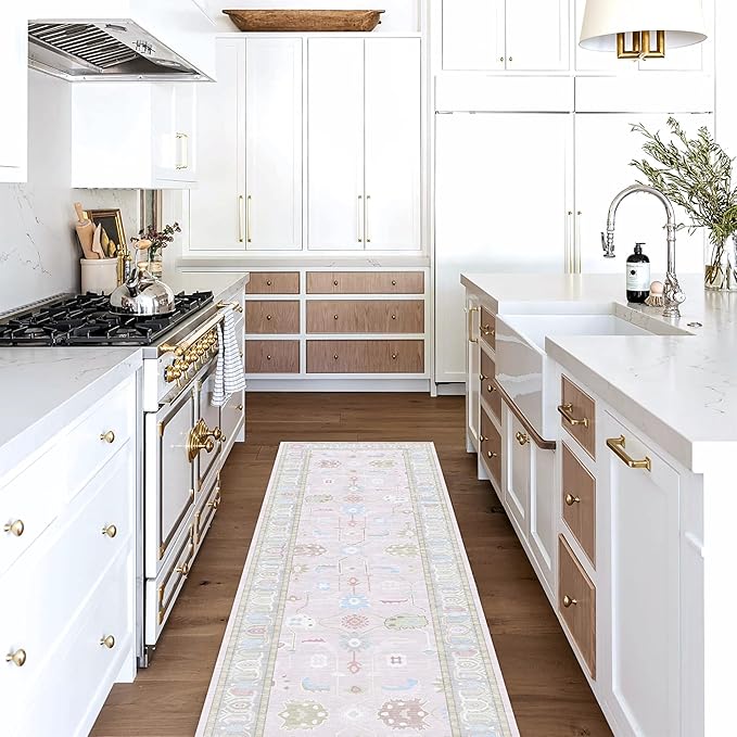 Fame Living Pink Oushak Runner Rug, Modern Runners, Turkish, Eclectic, Floral, Pastel, Washable, Small Throw Rugs, Short Runner for Hallway, Entryway, Laundry, Foyer, Kitchen, Bathroom, 2'5"x6'5"
