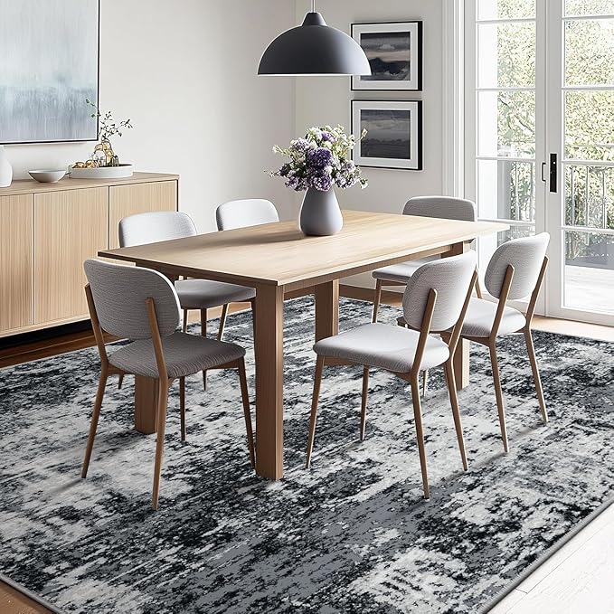 Washable Area Rugs Square 7ft Non-Slip Modern Abstract Soft for Living Room Entryway Bedroom Nursery, Print Pattern, Black Gray