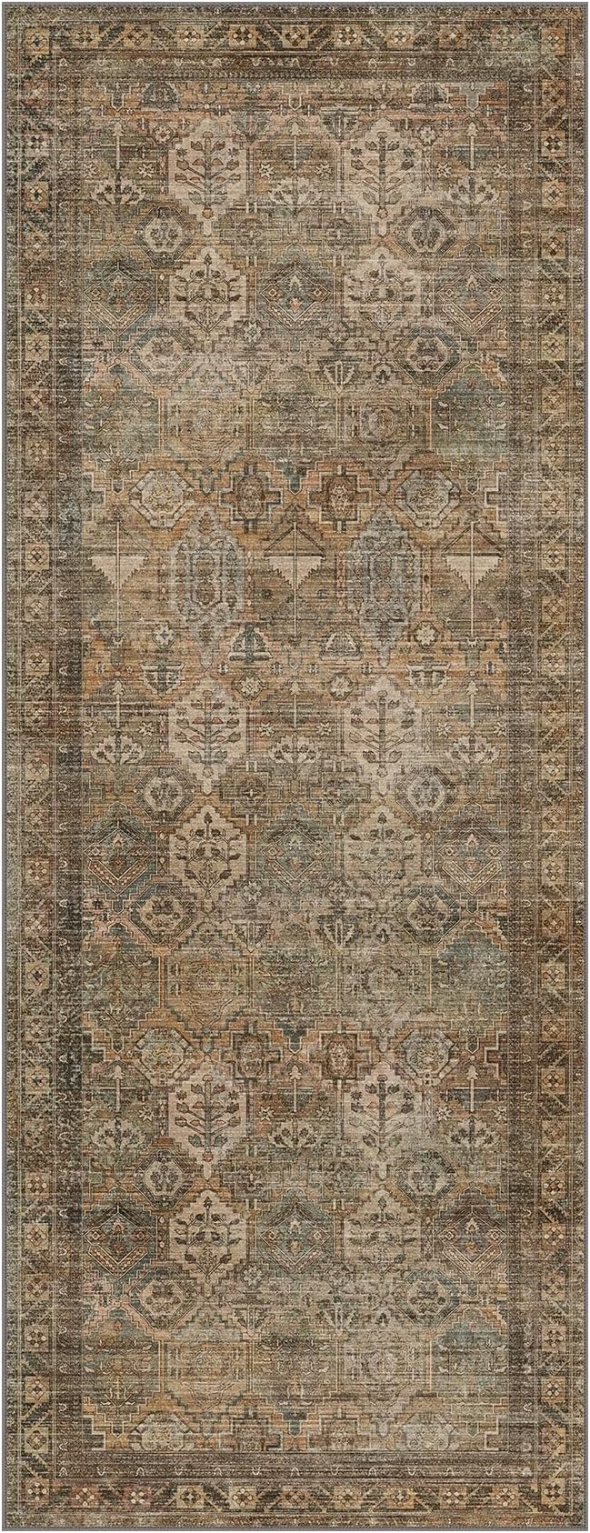 Bavni Runner Rug 3x8 Kitchen Rugs for Hallways Entryway, Washable Vintage Print Carpet, Ultra-Thin Chenille Low Pile Lightweight Rug with Non Slip Backing, Warm Taupe