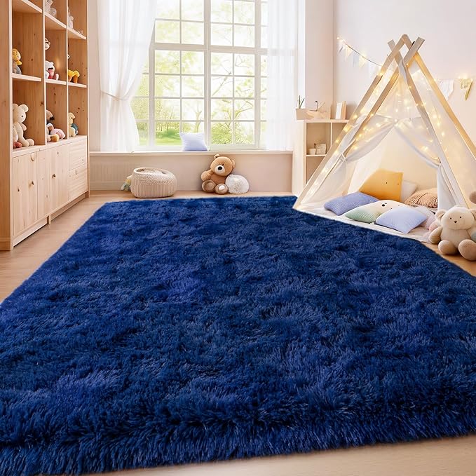 Shag Area Rugs for Living Room, Soft Fuzzy Plush Rugs, Upgrade Anti-Skid Modern Furry Rugs Fluffy Carpets for Kids Room Nursery Home Decor Dark Blue, 8X10 Feet