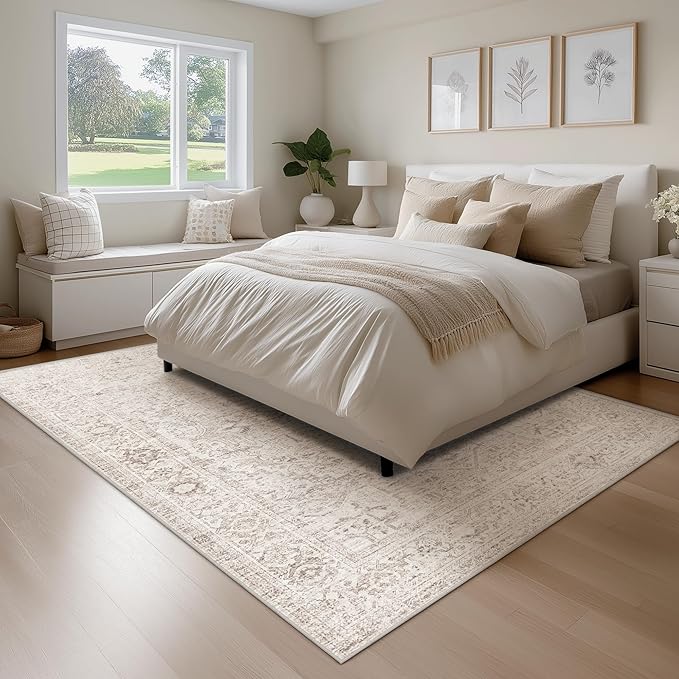 FMFUNCTEX 5x7 Washable Area Rug Neutral Vintage Beige Distressed Non Slip Low Pile Traditional Indoor Carpet for Living Room Bedroom Soft Retro Mat Throw Rug for Dining Office Kitchen Dorm Entryway