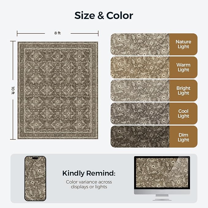 WITSHOCK Living Room Area Rugs 8x10: Soft Non-Slip Backing Washable Rugs Vintage Large Carpet for Bedroom Office Dining Room Kitchen Stain Resistant Home Decor Rug