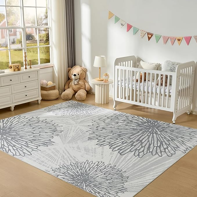 WITSHOCK 7x10 Washable Rug for Living Room,Modern Floral Distress Print Pattern Area Rugs,Stain Resistant with Non Slip Backing Carpet for Dining Room,Bedroom & Home Decor,Grey White