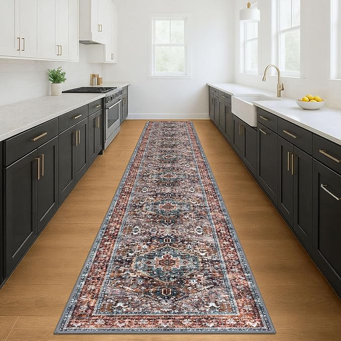 KOZYFLY Area Rug 3x18 Ft Washable Boho Runner Rug for Entryway Hallway Indoor Printed Faux Wool Carpet for Bedroom Kitchen Hall, Brick Red/Orange/Green