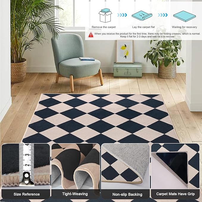 Checkered Area Rug 5x7 Black Washable Living Rugs Non-Slip Modern Ultra Soft Neutral Low Pile Diamond Carpet for Office Dining Room Playroom Kids Room