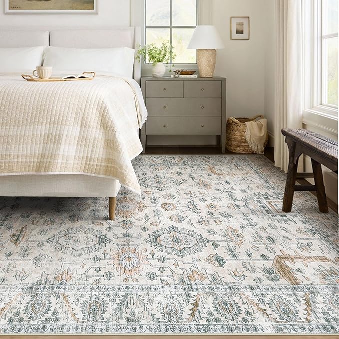 Area Rug 6x9 Living Room Rug, Machine Washable Vintage Distressed Boho Area Rug Non-Slip Soft Low Pile Large Indoor Rugs for Bedroom Kitchen Dining Room Office(Brown Green,6'x9')