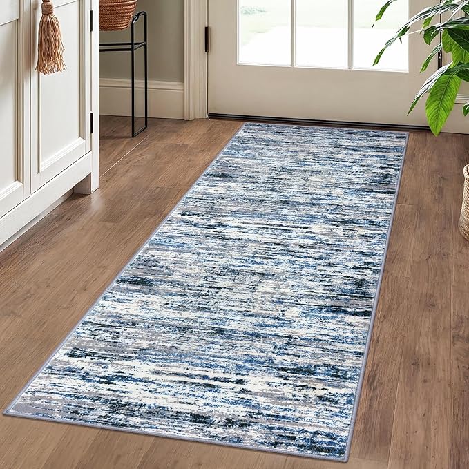 Modern Abstract Runner Rug 2x5, Grey Blue White Washable Entryway Kitchen Runner Non-Slip Soft Hallway Rug Runner Thin Print Faux Wool Carpet for Bedroom Laundry Room Indoor