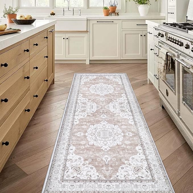 Runner Rug 2x6 Entryway Rug - Machine Washable Vintage Boho Area Rug Non-Slip Kitchen Runner Soft Stain Resistant Runners for Hallways Entryway Laundry Kitchen Bathroom Bedroom(Cream Ivory, 2'x6')