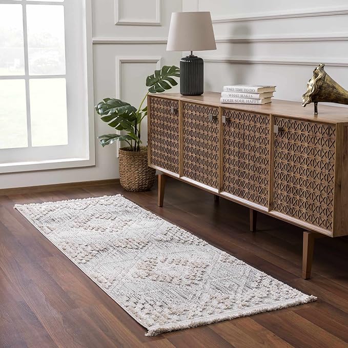 Hauteloom Poydras Farmhouse Living Room Bedroom Modern Moroccan Area Rug - Soft Shaggy High Low Carpet - High Pile - Bohemian, Boho - Gray, Beige, Cream - 6'7" x 9'