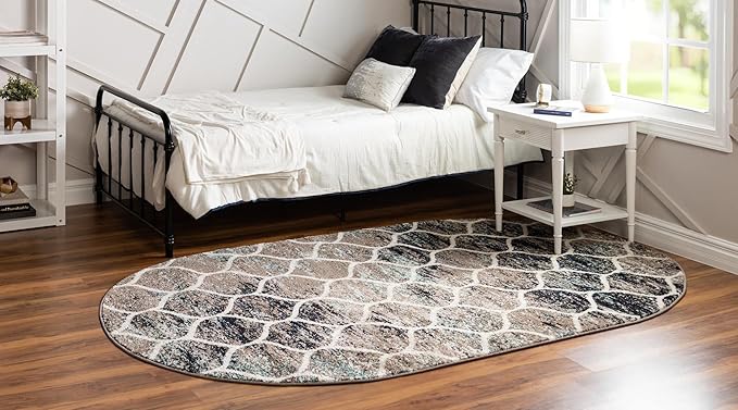 Rugs.com Lattice Frieze Collection Rug – 4' x 6' Oval Blue Multi Medium Rug Perfect for Living Rooms, Large Dining Rooms, Open Floorplans