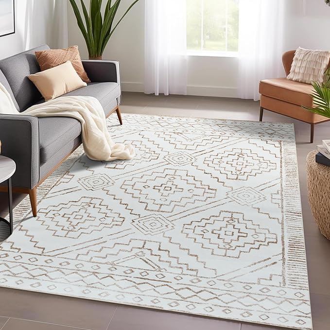 jinchan Moroccan 4x6 Area Rugs for Bedroom - Machine Washable Soft Modern Geometric Stain Resistant Non-Slip Ultra-Thin Low-Pile Faux Wool Carpet for Living Room Kitchen Dining Room (4x6ft, Taupe)