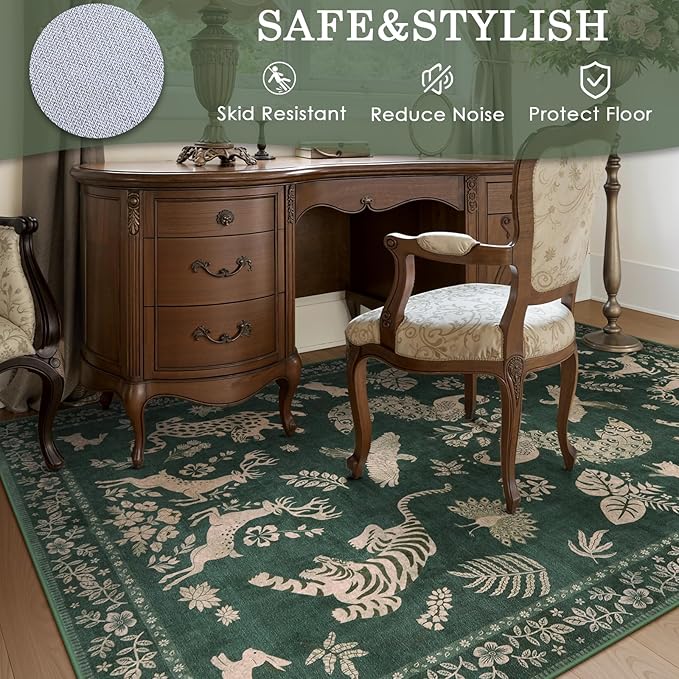 Moynesa Green 5x7 Living Room Rugs, Luxurious Vintage Boho Animal Washable Area Rug for Bedroom Dining Room Office Study, Low Pile Soft Non-Slip Easy Clean Retro Carpets for Indoor