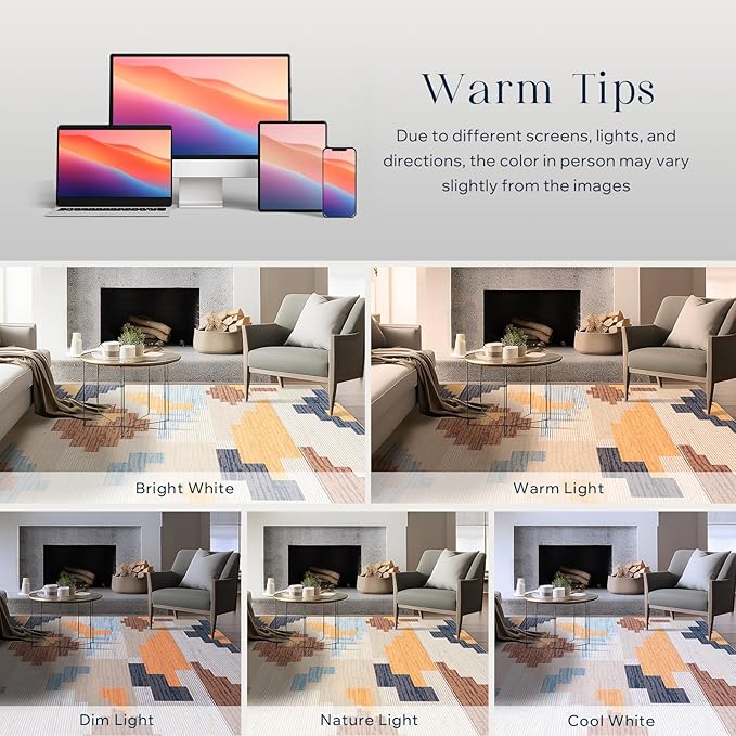 Phantoscope Washable Area Rug 5'x7' Non-Slip, Modern Neutral Boho Rugs for Living Room, Bedroom, Dining Room, Abstract Geometric Blocks Pattern, Low-Pile Foldable Floor Carpet, Warm Terracotta/Cream
