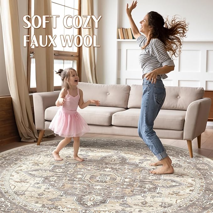 Round Rug Living Room Rugs: 6Ft Washable Boho Neutral Large Circle Soft Indoor Floral Stain Resistant Floor Farmhouse Carpet for Bedroom Nursery Kids Playroom Office Dining Room Dorm Home- Beige Brown