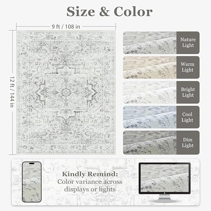 Large Farmhouse Area Rugs 9x12 for Living Room, Distressed Medallion Printed Big Carpet Rugs for Bedroom Under Bed, Washable Non Slip Low Pile Thin Rugs for Dining Room, Off White/Grey