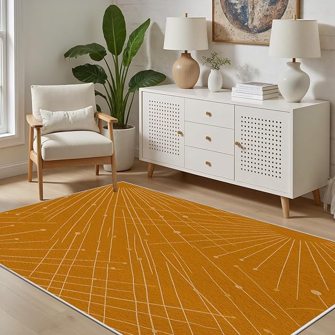 Modern Washable Area Rug 5x8, Boho Minimalist Non-Slip Rugs, Abstract Striped Soft Carpet for Living Room Bedroom Nursery Room Home Decor Office, Pet Friendly, Orange Beige