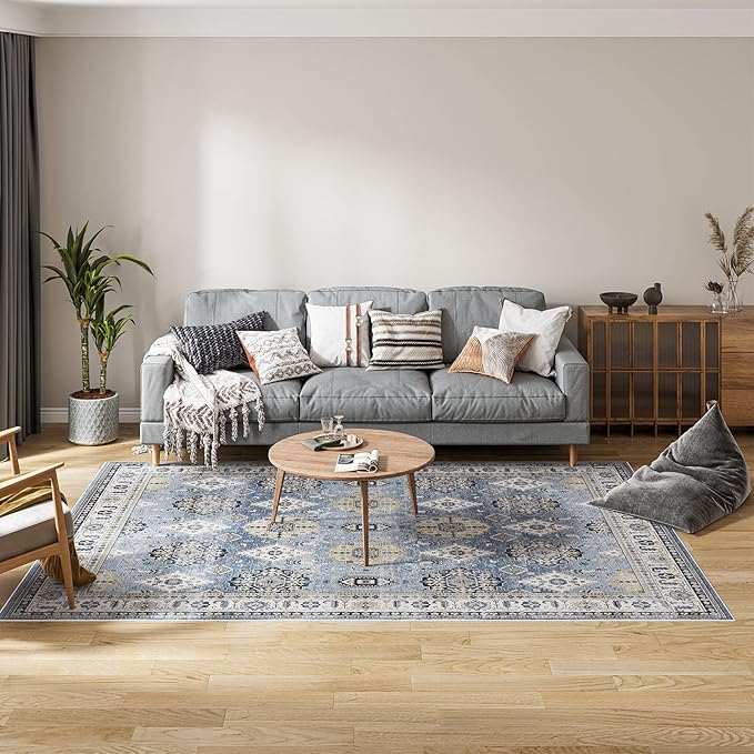 Dripex Washable Area Rug 6x9 Living Room Rug Stain & Water Resistant Foldable Thin Vintage Rugs Faux Wool Floor Carpet for Bedroom Dining Room Kitchen Bathroom Farmhouse Office