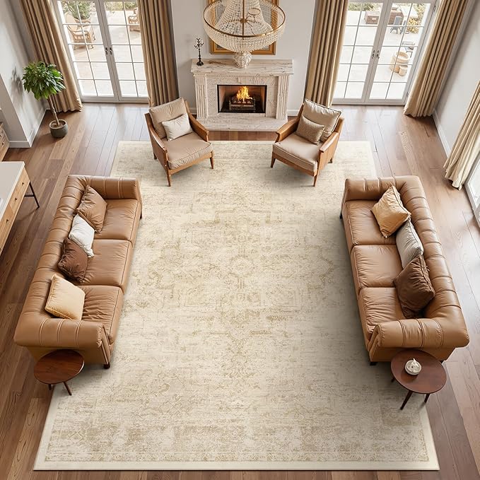 Beige Large 10x14 Area Rugs, Washable Non Slip Big Rug for Living Room Bedroom, Distressed Medallion Vintage Neutral Big Carpet Rugs for Dinig Room Family Rooms, Low Pile Thin