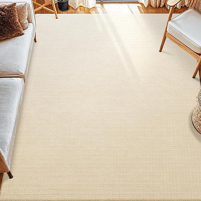 Shilucheng Wool Rug 9x12 Non-Slip, Blend 80% Wool and 20% Cotton Rugs for Living Room, Bedroom, Dinning Room, Soft Durable Cotton Backing Modern Area Rug (Beige/White)