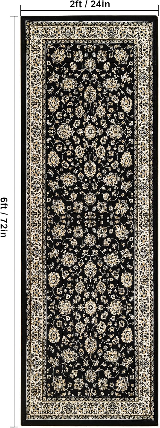 XWZO Runner Rug 2x6ft, Washable Hallway Runner with Non-Slip Backing, Spill Stain Resistant Floor Mat for Entryway Corridor Bedroom Kitchen Farmhouse, Soft Low-Pile Area Carpet, Black