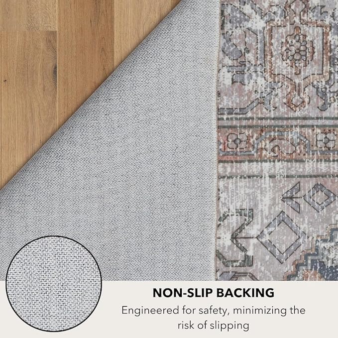 Kuden 5x7 Area Rug, Machine Washable Area Rug with Non-Slip Backing, Vintage Style, Soft, Easy Clean, Low Pile Rug for Living Room, Bedroom, Dining Room