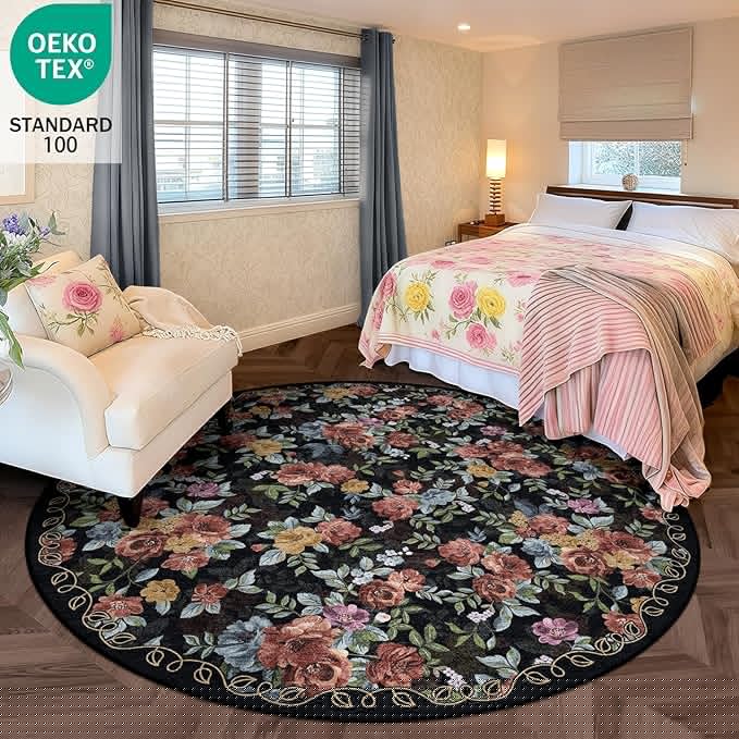 6ft Round Machine Washable Area Rug for Living Room, Black Vintage Boho Floral Rug Large Non-Slip Low Pile Soft Faux Wool Carpet, Kids and Pets Friendly for Bedroom Nursery Farmhouse Home Decor Rug