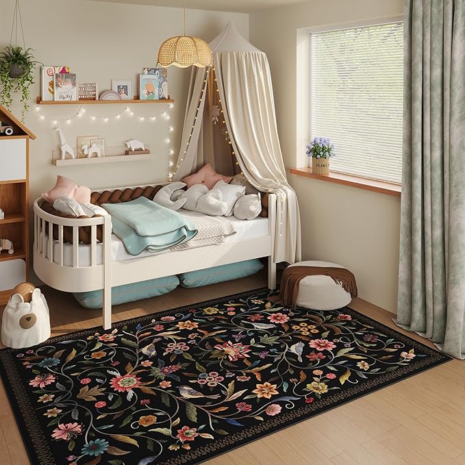 Vintage Medallion Floral 3x5 Washable Rug, Soft Low Pile Area Rug, Non-Slip Carpet for Bedside, Bedroom, Bathroom, Entryway, Kitchen, Office, Kids/Girls Room | Black