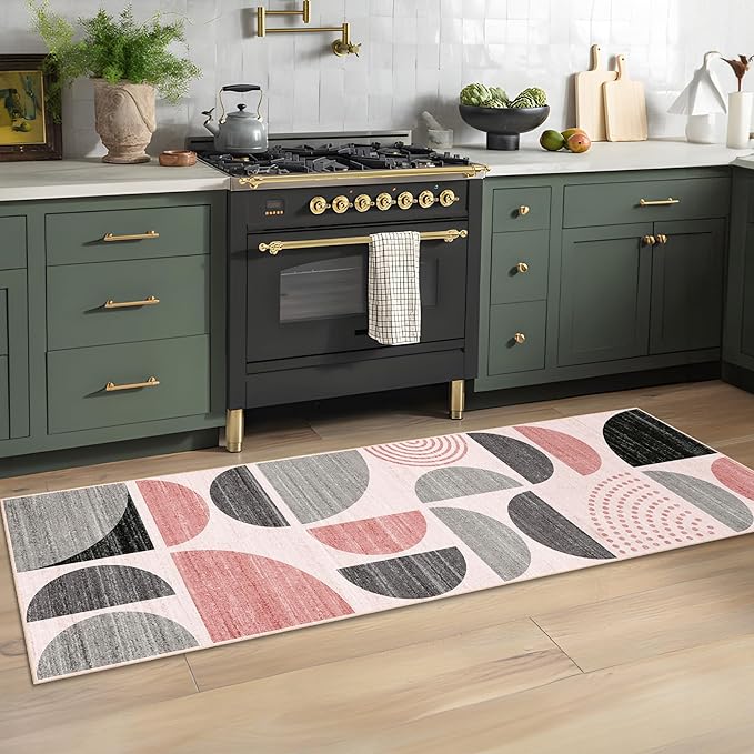 MUJOO Pink Runner Rug Washable,Boho 2x6 Area Rugs for Hallways Kitchen Bathroom Bedroom Entryway,Non Slip Carpet Long Mat Indoor,Soft Modern Abstract Pink and Grey