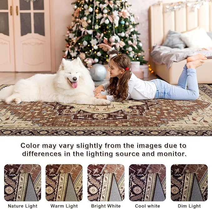 5x7 Mousse Brown Area Rug for Living Room, Machine Washable Rugs with Non-Slip Backing for Bedroom, Vintage Medallion Carpet Dining Room Office Kids Room Decor