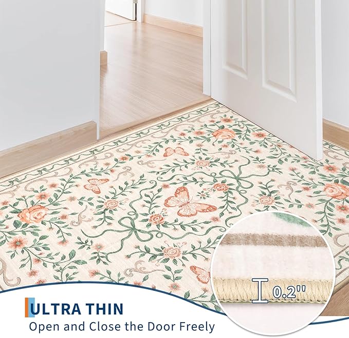 GarveeHome 3x5 Small Area Rug for Bedroom Floral Washable Rugs Non Slip Stain Resistant Living Room Throw Carpet Low Pile Dining Room Beige Area Rug Butterfly Bow Rugs for Nursery Home Decor, 3x5