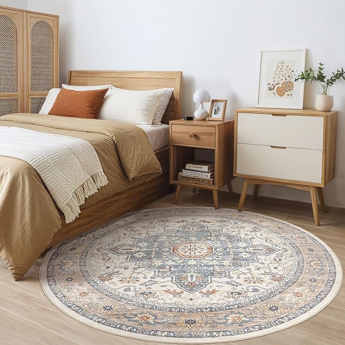 Round Rug Living Room Rugs: 10Ft Washable Boho Neutral Large Circle Soft Indoor Distressed Stain Resistant Floor Farmhouse Carpet for Bedroom Nursery Kids Playroom Office Dining Room Dorm- Beige Blue