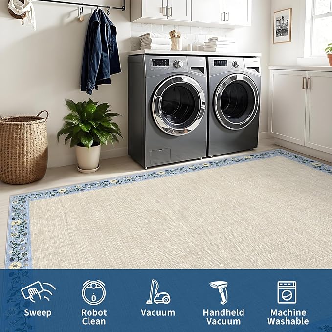 GarveeHome Washable Rugs for Living ROM 8 x 10 Large Area Rug Farmhouse Floral Bordered Bedroom Carpet Indoor Non-Slip Nursery Mat Soft Non Shedding Stain Resistant Carpet for Dining Room, Beige