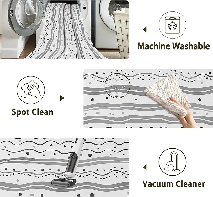 Modern Gray Lines Washable Living Room Area Rug, Low Profile Abstract Pattern, 3x5 Non-Slip Backing Carpet for Kitchen, Bedroom, Dining Room
