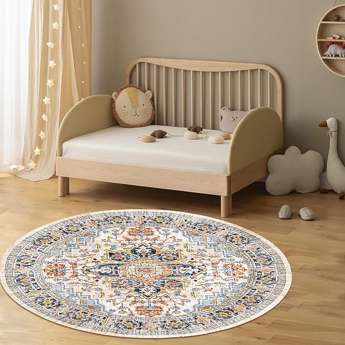 VK VK·LIVING Round Washable Rug 5'Ft Vintage Machine Washable Area Rugs with Non Slip Round Rugs for Living Room Bedroom Traditional Woven Carpet Stain Resistant Dining Home Office Boho Rug (Blue)