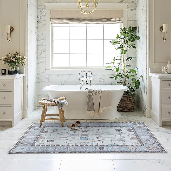 Fame Living Faded Oushak Rug, Turkish Vintage Floral Pastel Large Oversized Area Rugs for Living Room Dining Bedroom Kitchen Bathroom Nursery (854CGRY, 7'5" x 9'9")