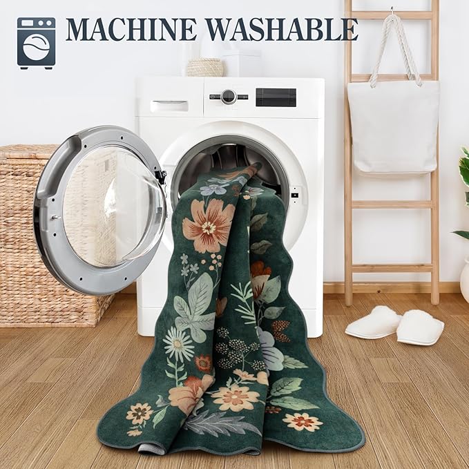 Lahome Floral Washable Living Room Rugs, 5x7 Green Area Rugs for Bedroom ‎‎‎‎Nursery, Ultra-Thin Soft Non-Slip Stain Resistant Boho Throw Carpet for Dining Room Office, Dark Green