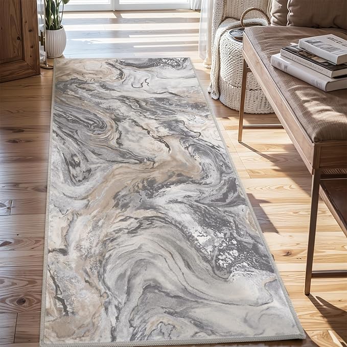 2x6 Runner Rug for Hallways Kitchen Modern Abstract Washable Runner Rug Blue Soft Non Slip Marble Carpet Runner for Laundry Entryway Bedroom Bathroom