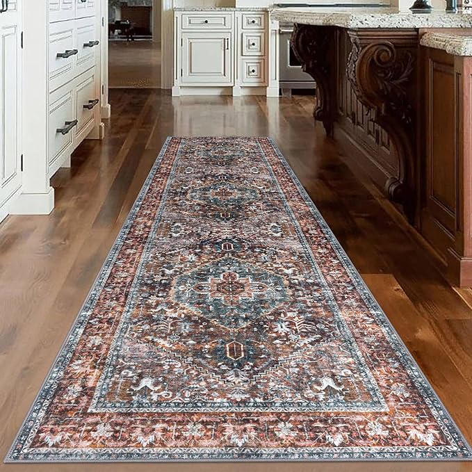 KOZYFLY Area Rug 3x10 Ft Washable Boho Runner Rug for Entryway Hallway Indoor Printed Faux Wool Carpet for Bedroom Kitchen Hall, Brick Red/Orange/Green