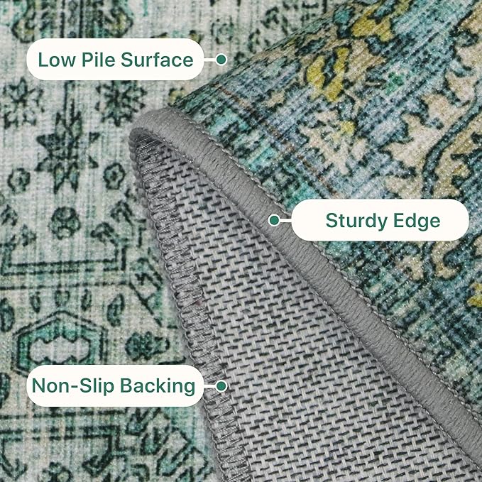 Bavni 3x5 Area Rugs for Living Room, Machine Washable Rug Non Slip, Vintage Chenille Distressed Print Carpet, Large Low Pile Ultra-Thin Lightweight Rugs for Bedroom, Dining Room, Home, Office, Cyan