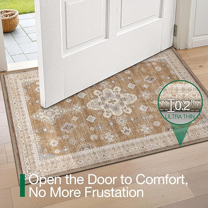 LUMI Indoor Thin Door Mat, 32x47 Washable Small Inside Doormat, Non Slip Low Pile Oriental Floor Carpet, Vintage Distressed Area Rug for Front Door,Entrance,Bedroom, Amber
